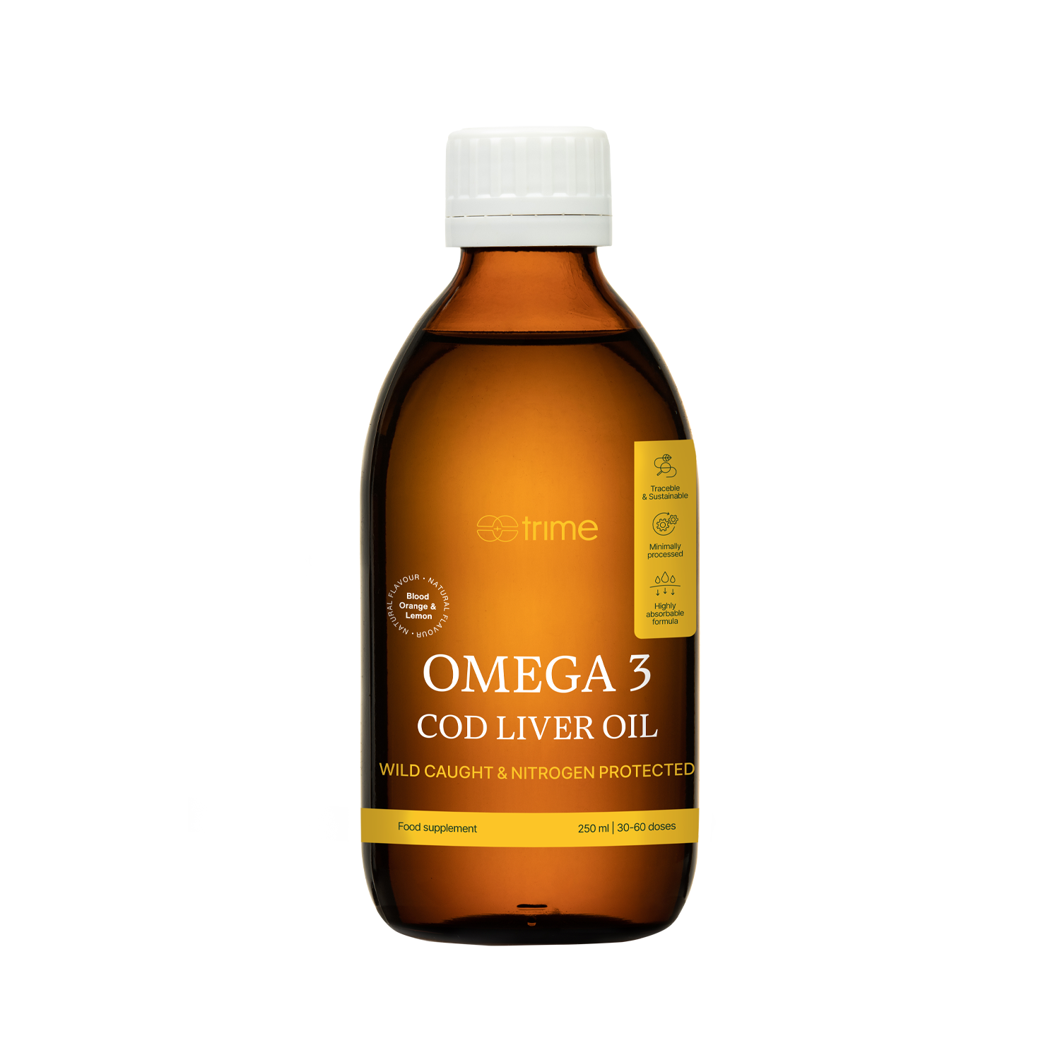 Bottle of Omega-3 Cod Liver Oil with product details on a light grey background