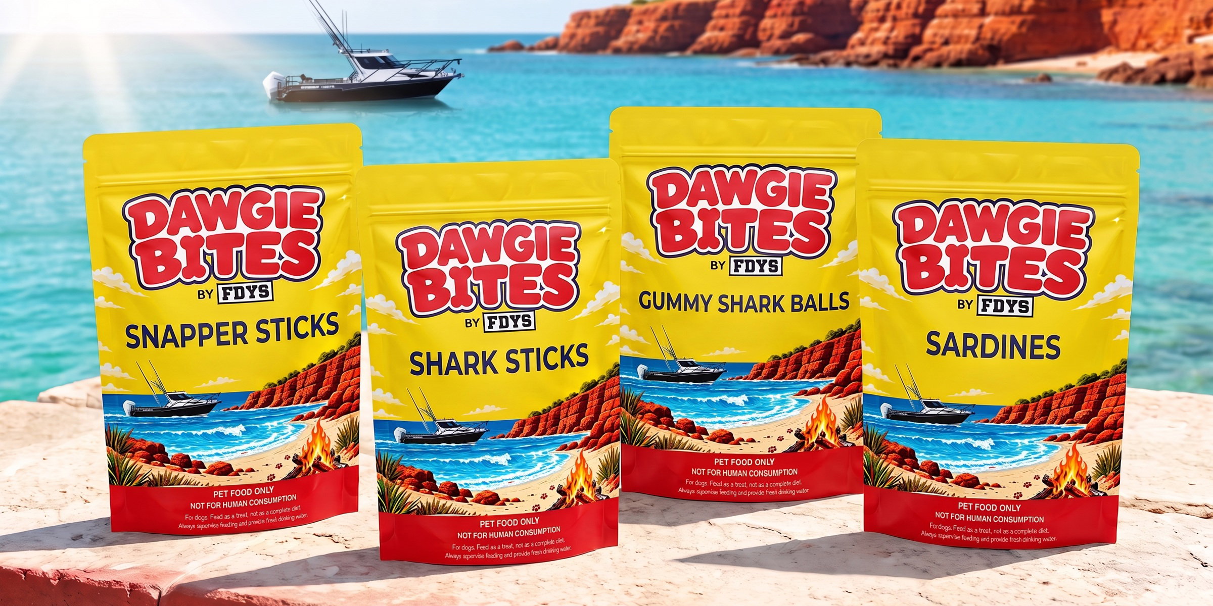 The four Dawgie Bites by FDYS treat bags — Snapper Sticks, Shark Sticks, Gummy Shark Balls and Sardines — in printed yellow and red packaging, standing together on a limestone ledge above turquoise water.