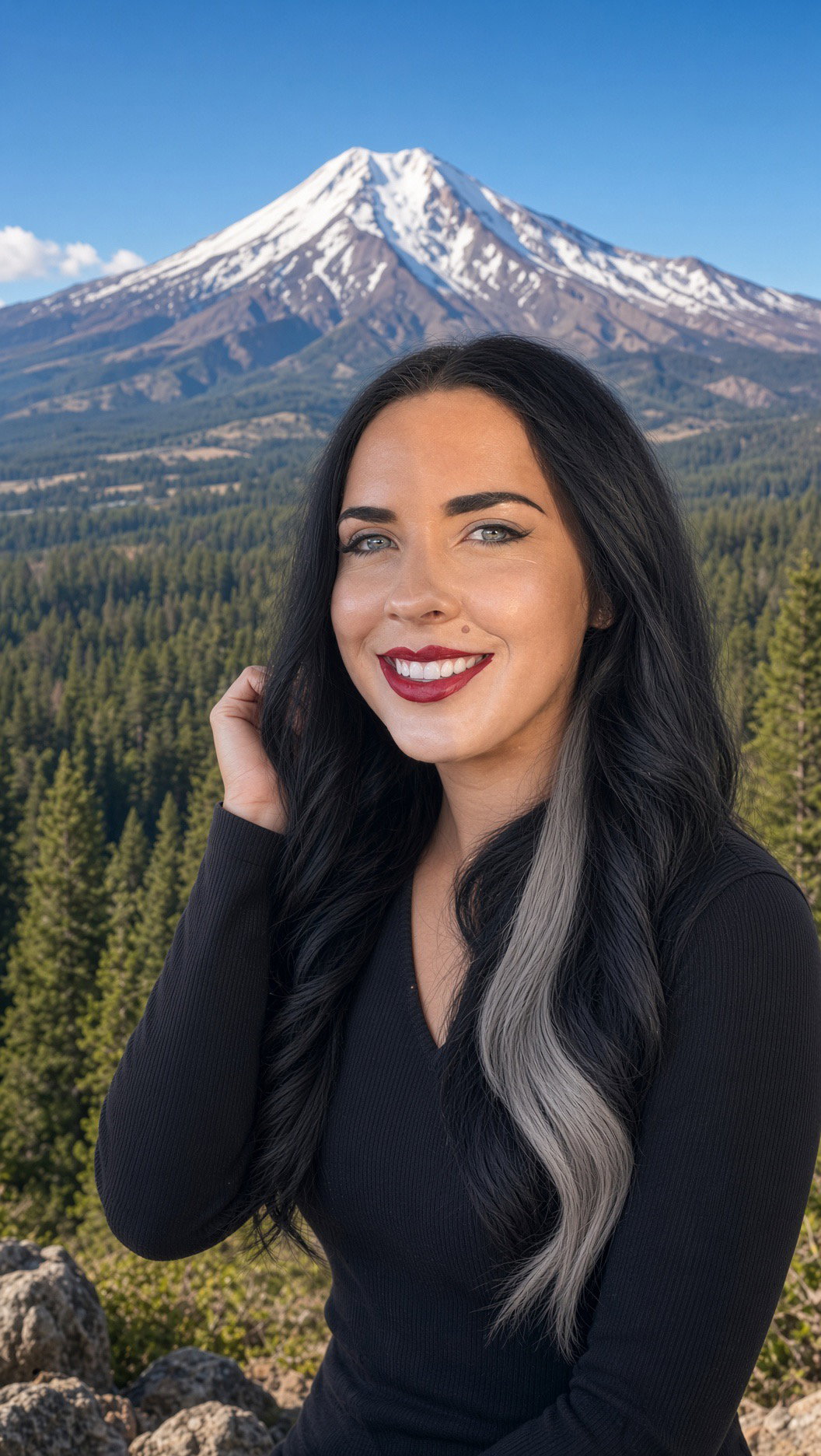 Cheri, founder of Evolve Consciously, smiling on a forested ridge with snow-capped Mount Shasta behind her