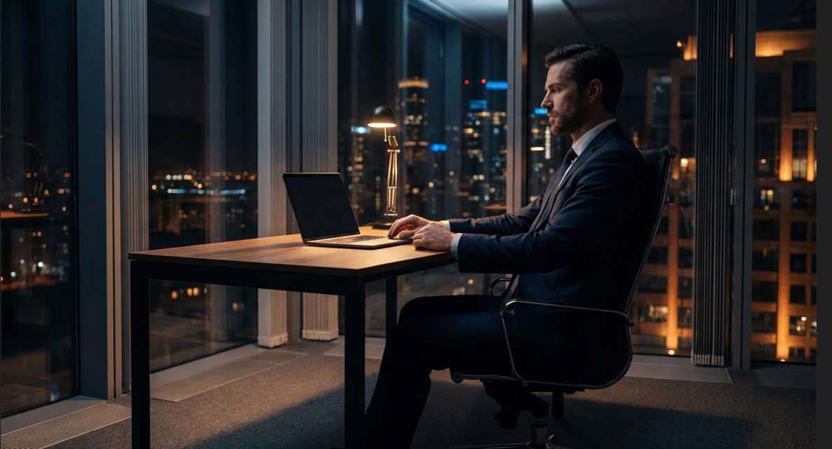 A man in a suit sitting at a desk working on a laptop at night with city lights outside the window