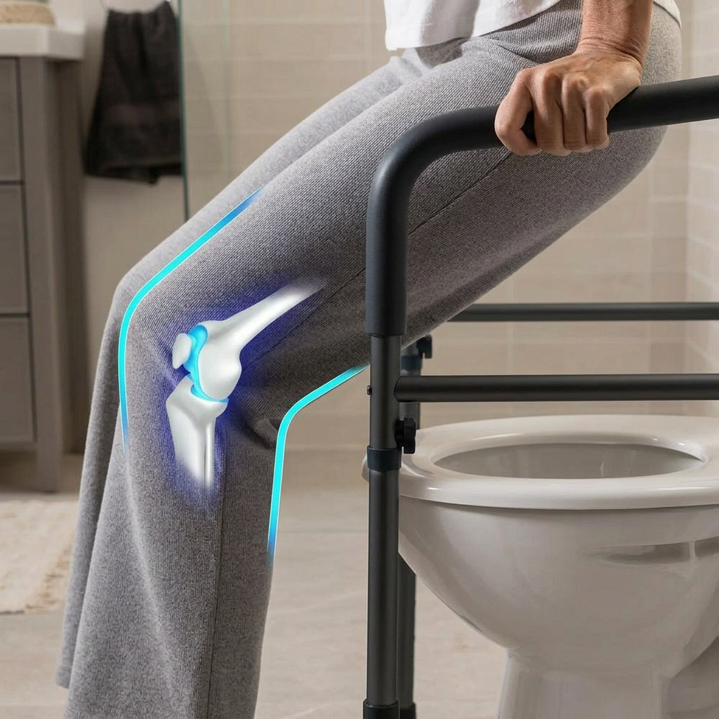 Person using support rail near toilet with highlighted knee joint illustration