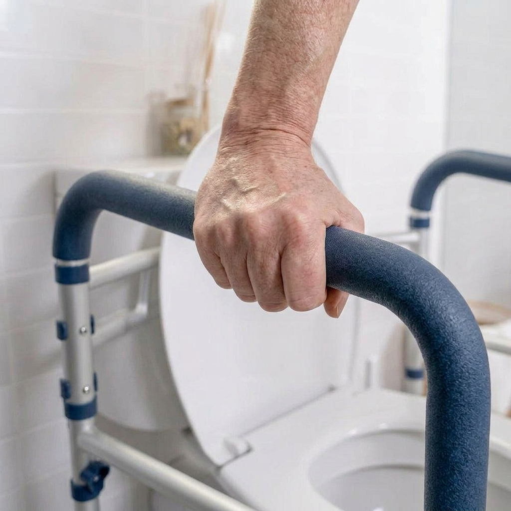 Close-up of a hand gripping a blue support rail near a white toilet