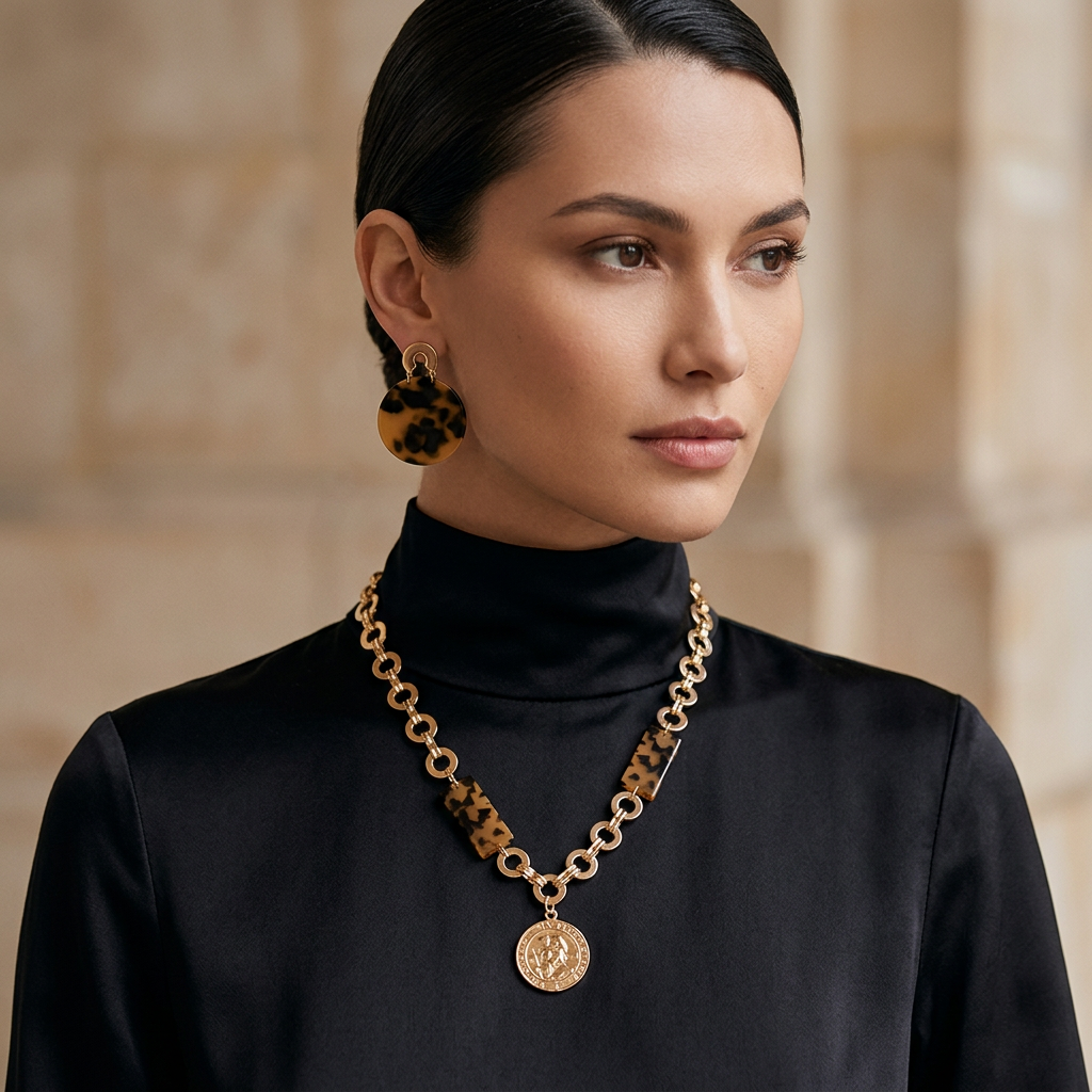 Close-up of a woman in a black turtleneck wearing gold and tortoiseshell earrings and necklace