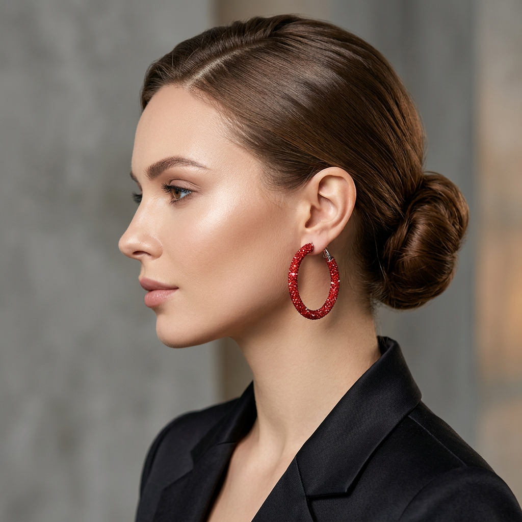 Side view of woman with braided bun hairstyle wearing large red hoop earrings and black outfit
