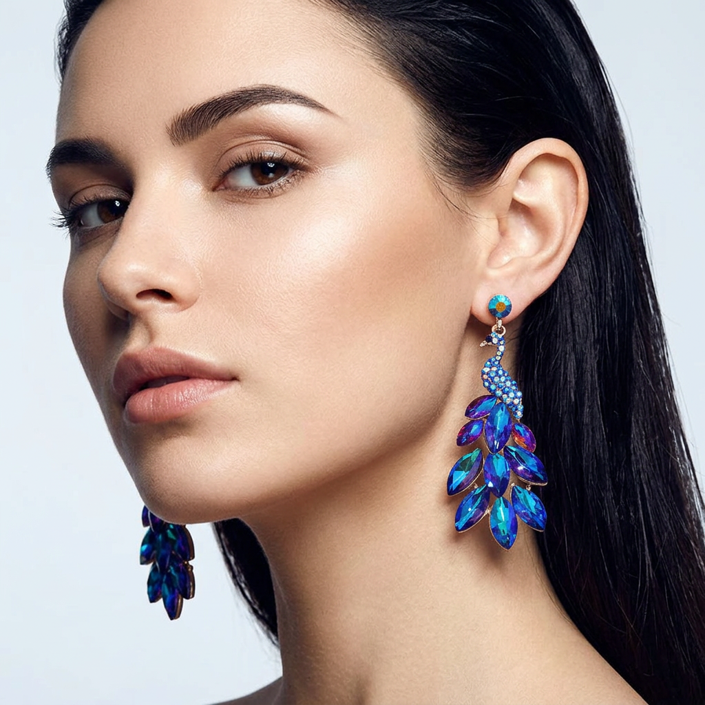 Close-up of a woman wearing large blue and purple peacock-shaped earrings
