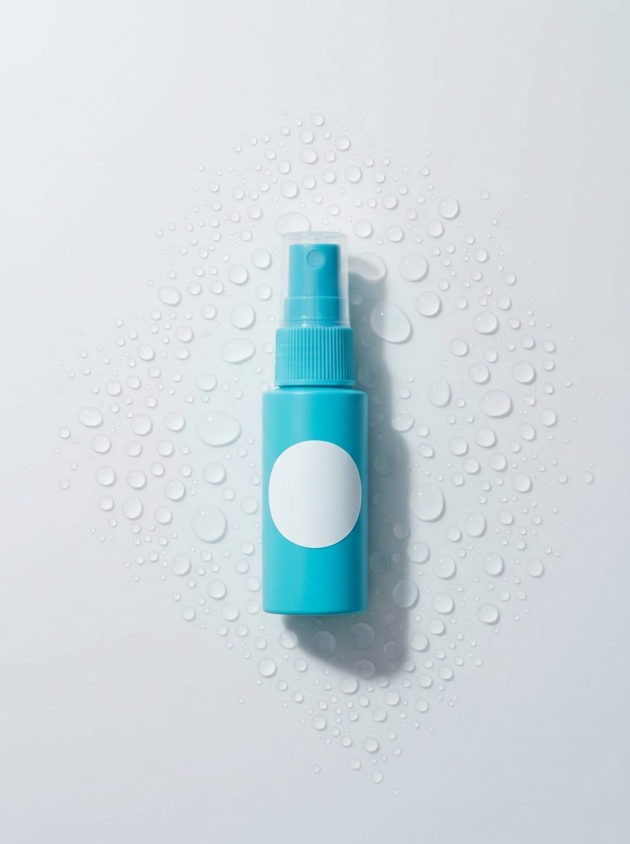 Blue spray bottle with blank label surrounded by water droplets on white surface