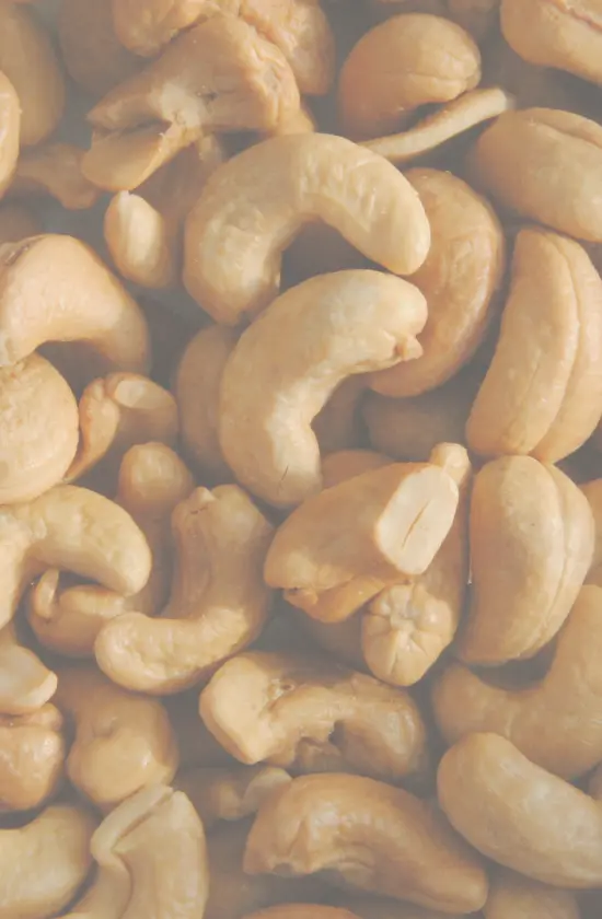 Nahaufnahme eines Haufens gerösteter, ungesalzener Cashewnüsse mit goldbrauner Färbung und weicher Textur.