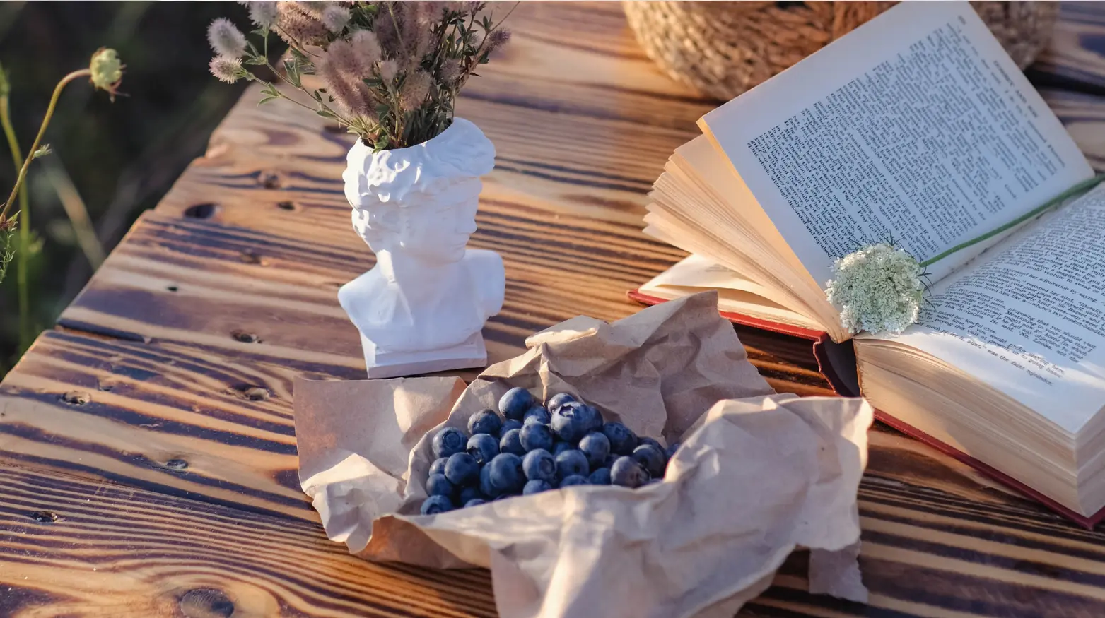 Eine Schale Blaubeeren neben einem aufgeschlagenen Buch und einer kleinen Statue auf einem rustikalen Holztisch.