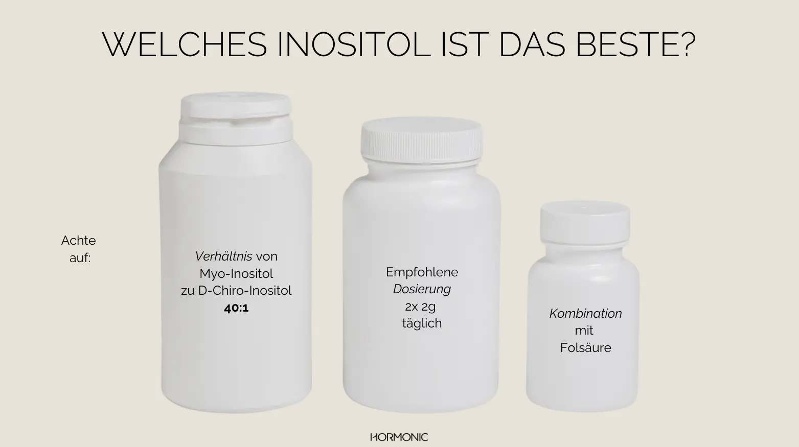 Drei weiße Flaschen mit Etiketten; Inositol Verhältnis 40:1, Dosis 2x2g täglich, kombiniert mit Folsäure.