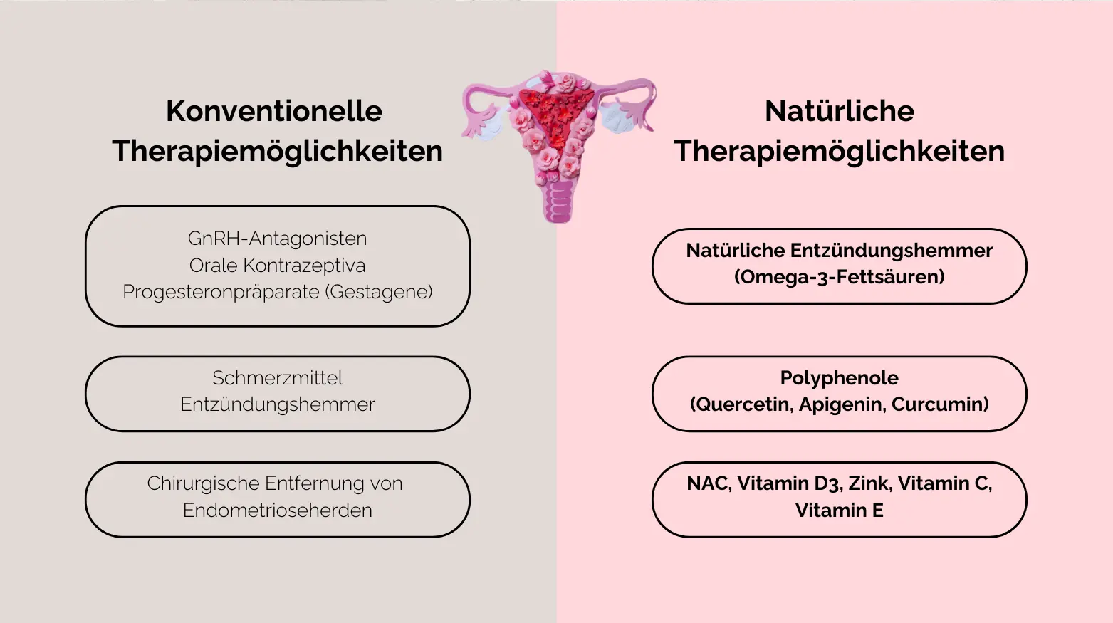 Ein Diagramm vergleicht konventionelle und natürliche Behandlungsmöglichkeiten für Endometriose mit einer Abbildung der Gebärmutter.