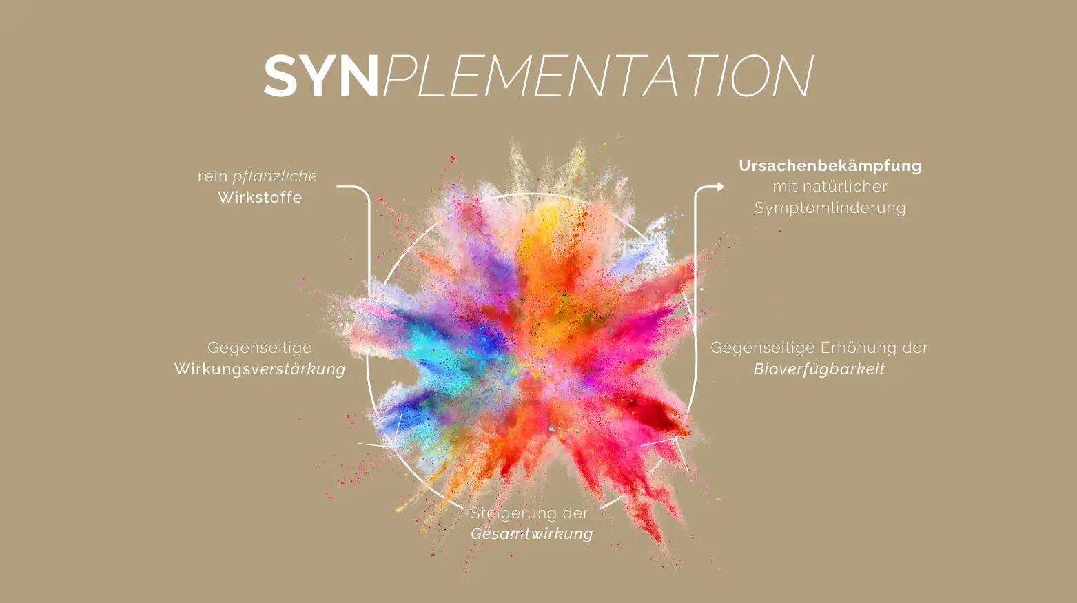 Bunte Farbexplosion mit Text: „SYNPLEMENTATION“ und Leistungsbeschreibungen auf Deutsch.