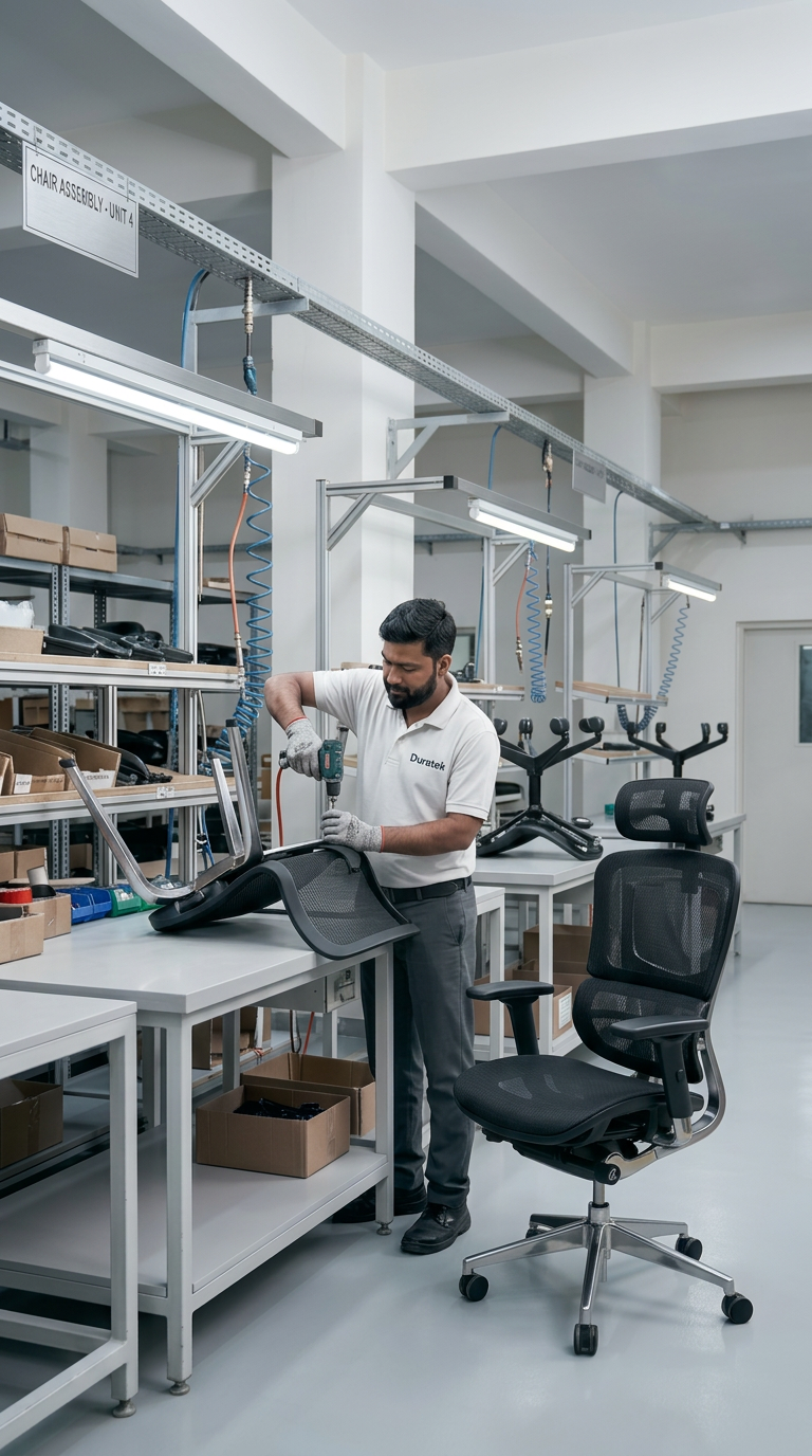 Man working on assembling parts of a black office chair in a clean factory workspace