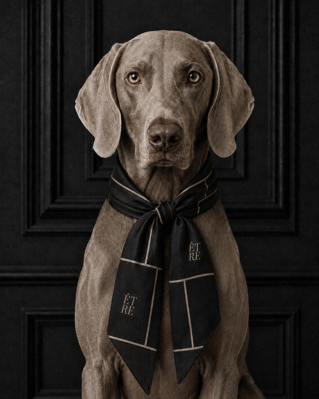 Weimaraner wearing the Être Canine silk foulard in black, tied in a bow against a dark panelled wall