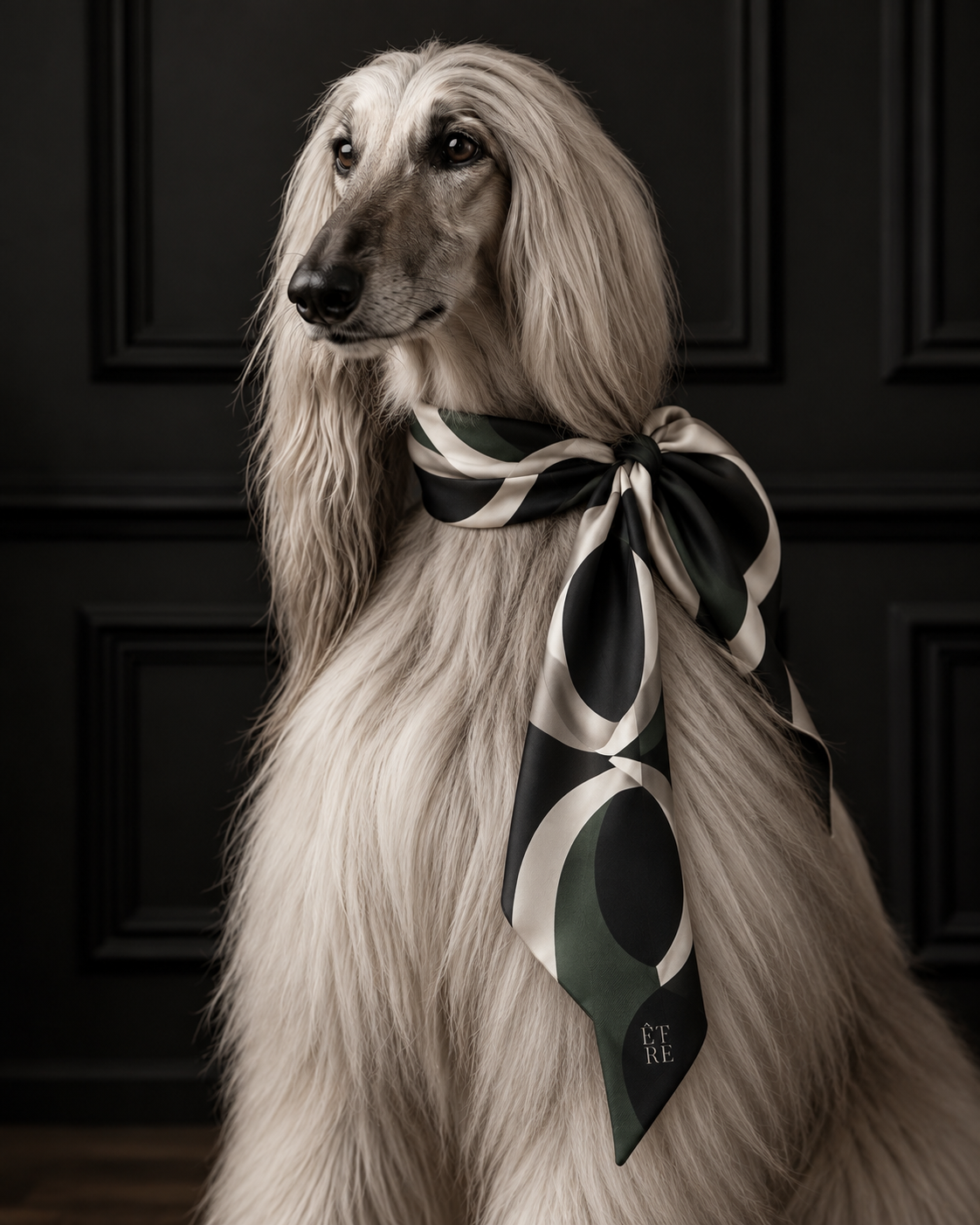 Afghan Hound wearing the Être Canine silk foulard in Sage, tied in a bow against a dark panelled wall