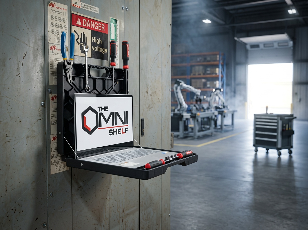 A wall-mounted shelf holding tools and a laptop in an industrial workshop