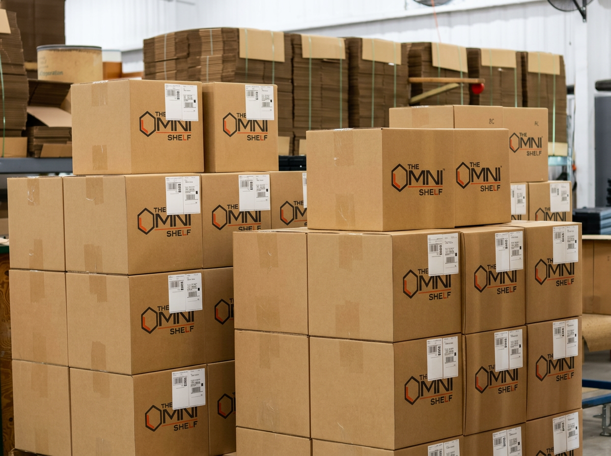 Multiple cardboard boxes labeled 'The Omni Shelf' stacked in a warehouse.
