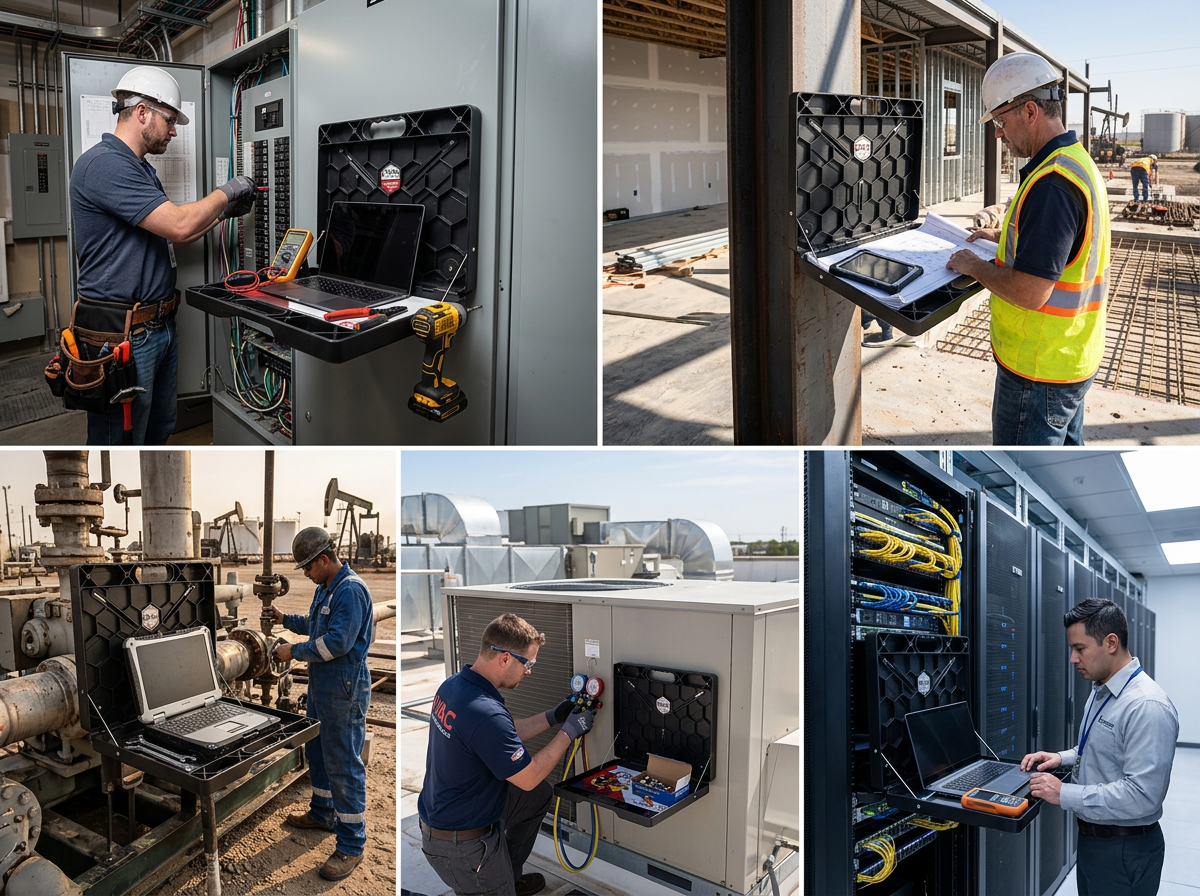 Five images of workers using portable folded workstations in electrical, construction, industrial, HVAC, and data center environments