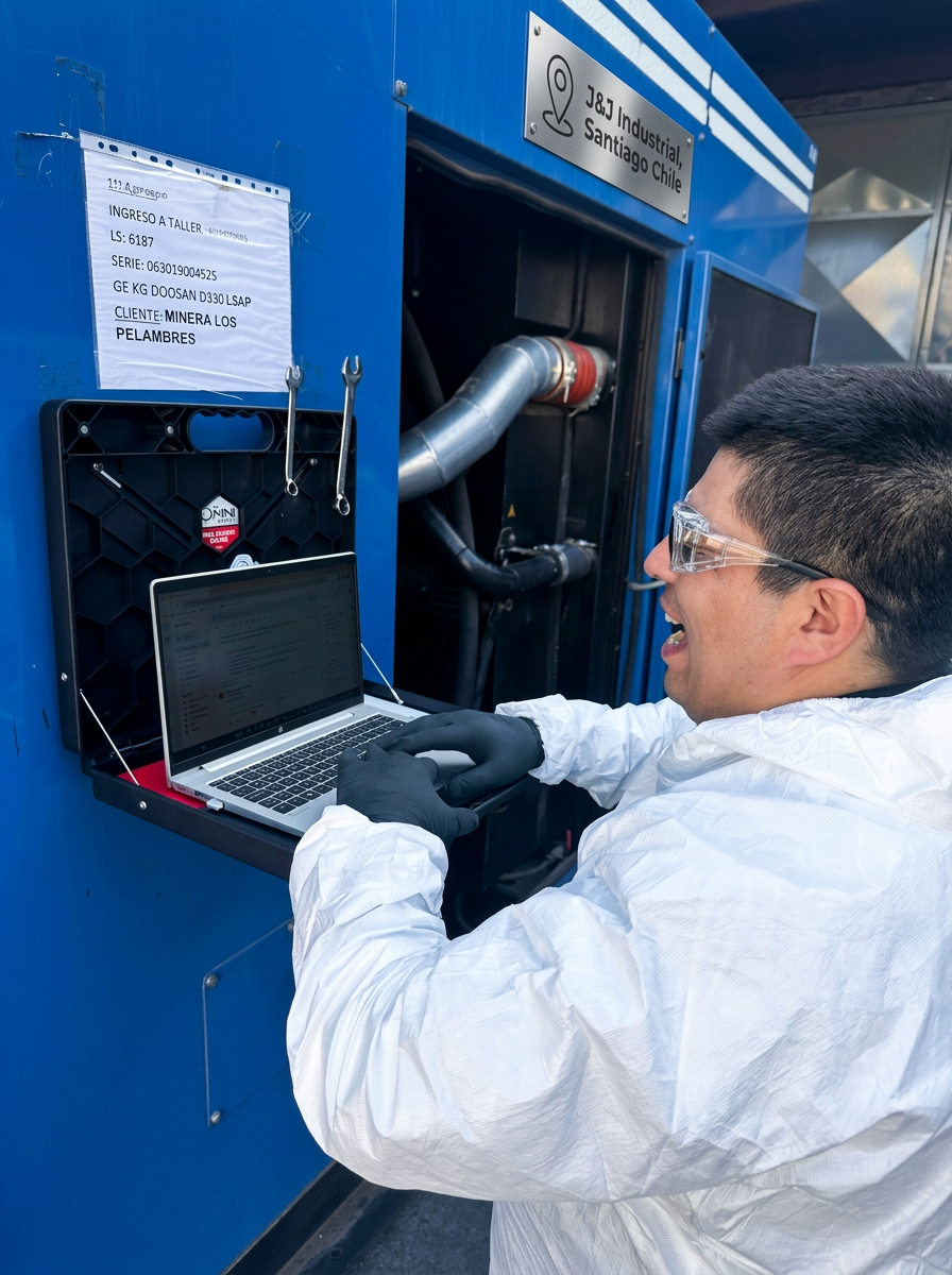 Man in protective suit and glasses using laptop on blue industrial machine