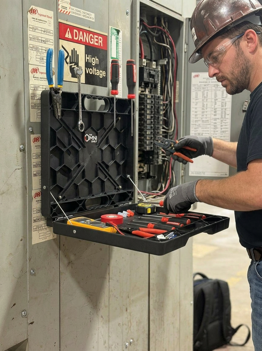 Electrician wearing safety gear working on electrical panel with tool kit hanging on panel door