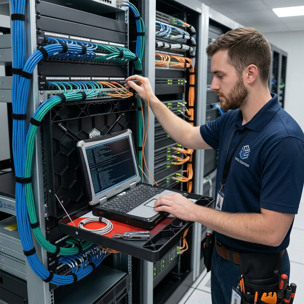 Technician working on network cables and laptop in server room