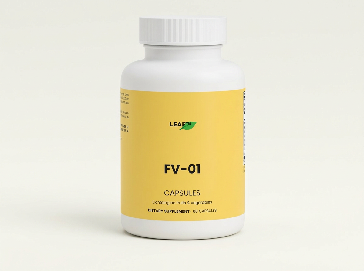White bottle with yellow label reading Leaf FV-01 dietary supplement capsules