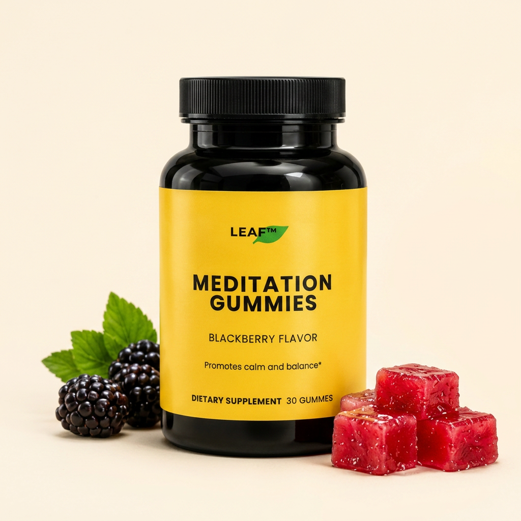 Bottle of meditation gummies with blackberry flavor and gummy cubes beside blackberries