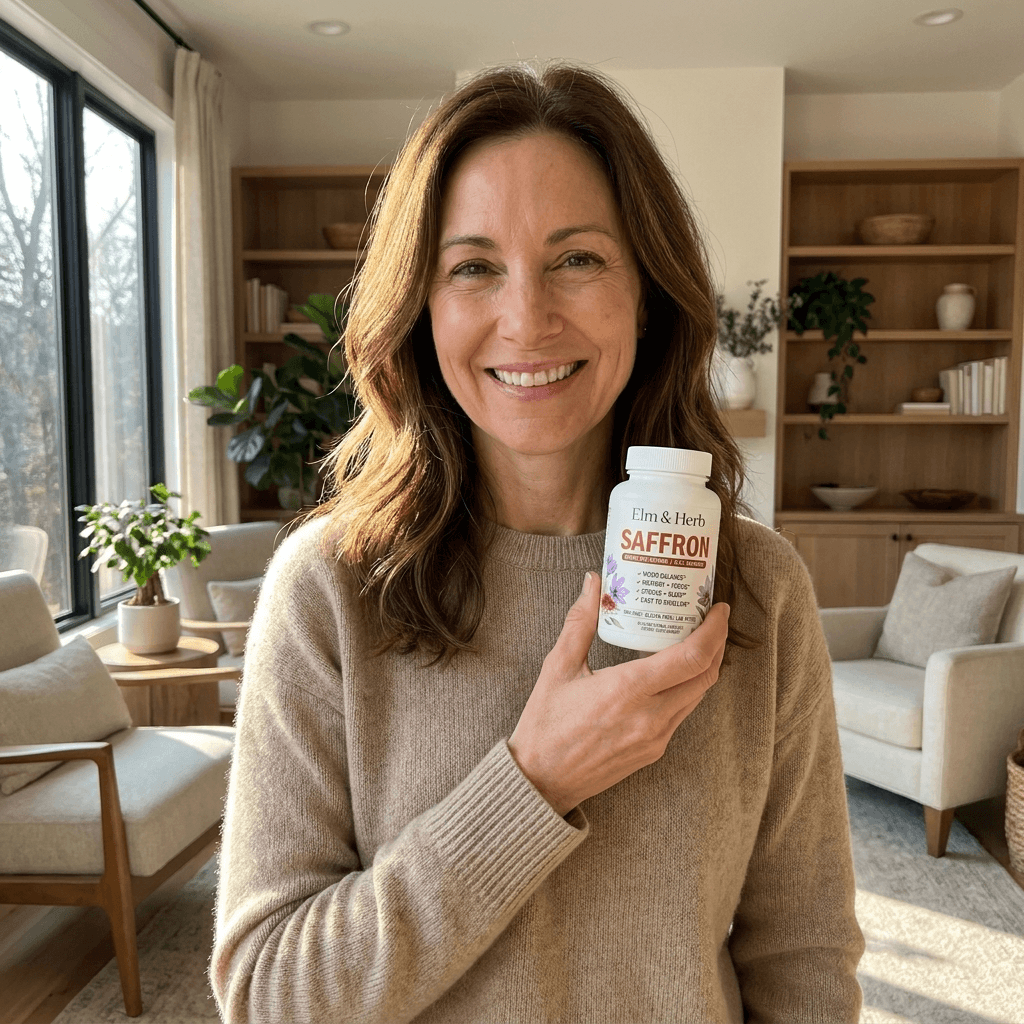 smiling woman holding Elm & Herb Saffron on a patio