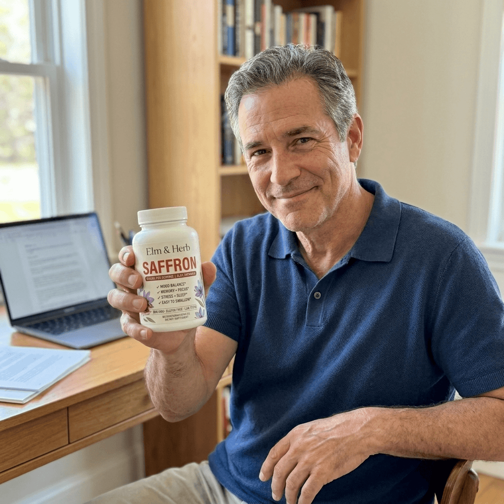 smiling man holding Elm & Herb Saffron in a home study