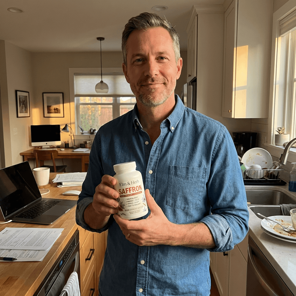 smiling man holding Elm & Herb Saffron in a kitchen