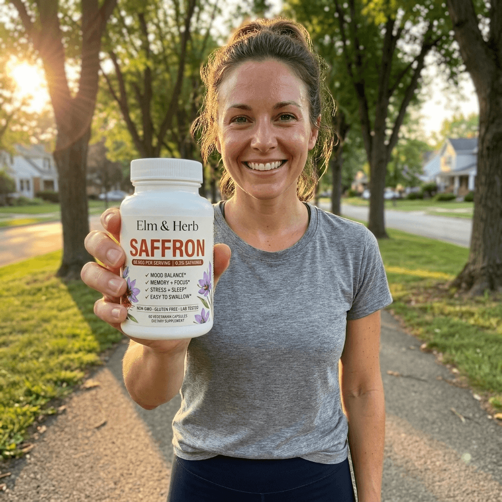 smiling woman holding Elm & Herb Saffron on a walk