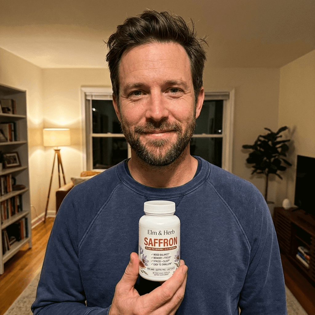 smiling man holding Elm & Herb Saffron in a living room