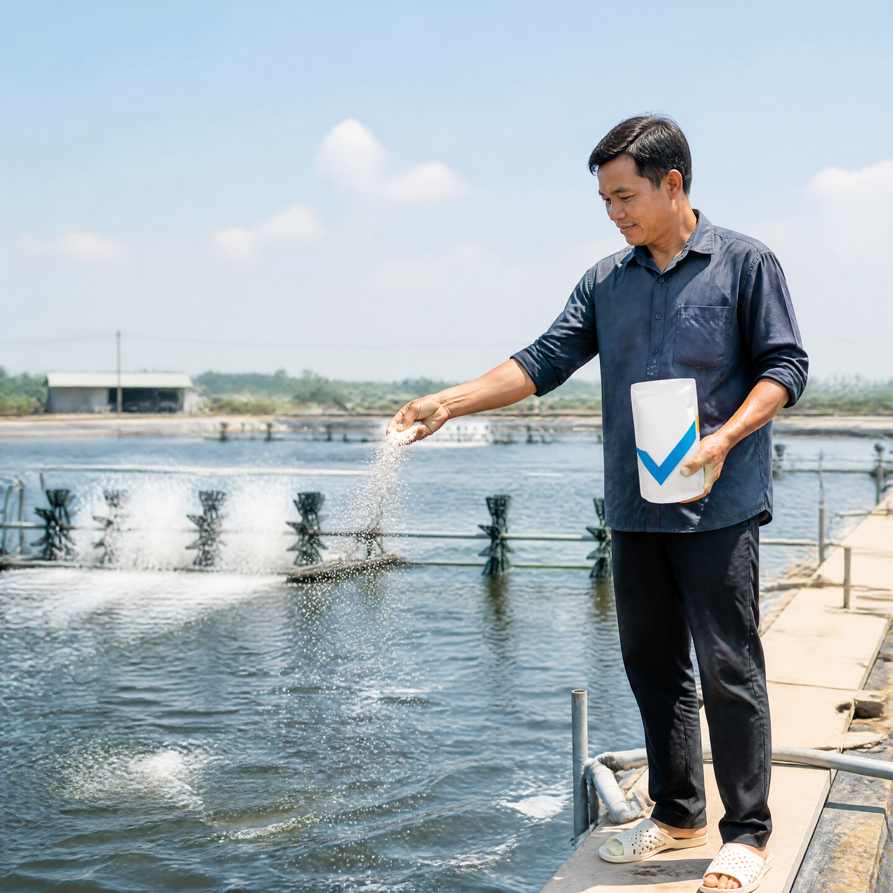 Man standing on dock feeding fish with pellets at an aquaculture pond under clear sky
