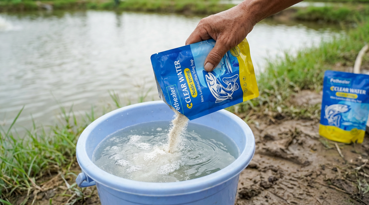 A hand pouring water treatment powder from a blue packet into a blue bucket near a pond
