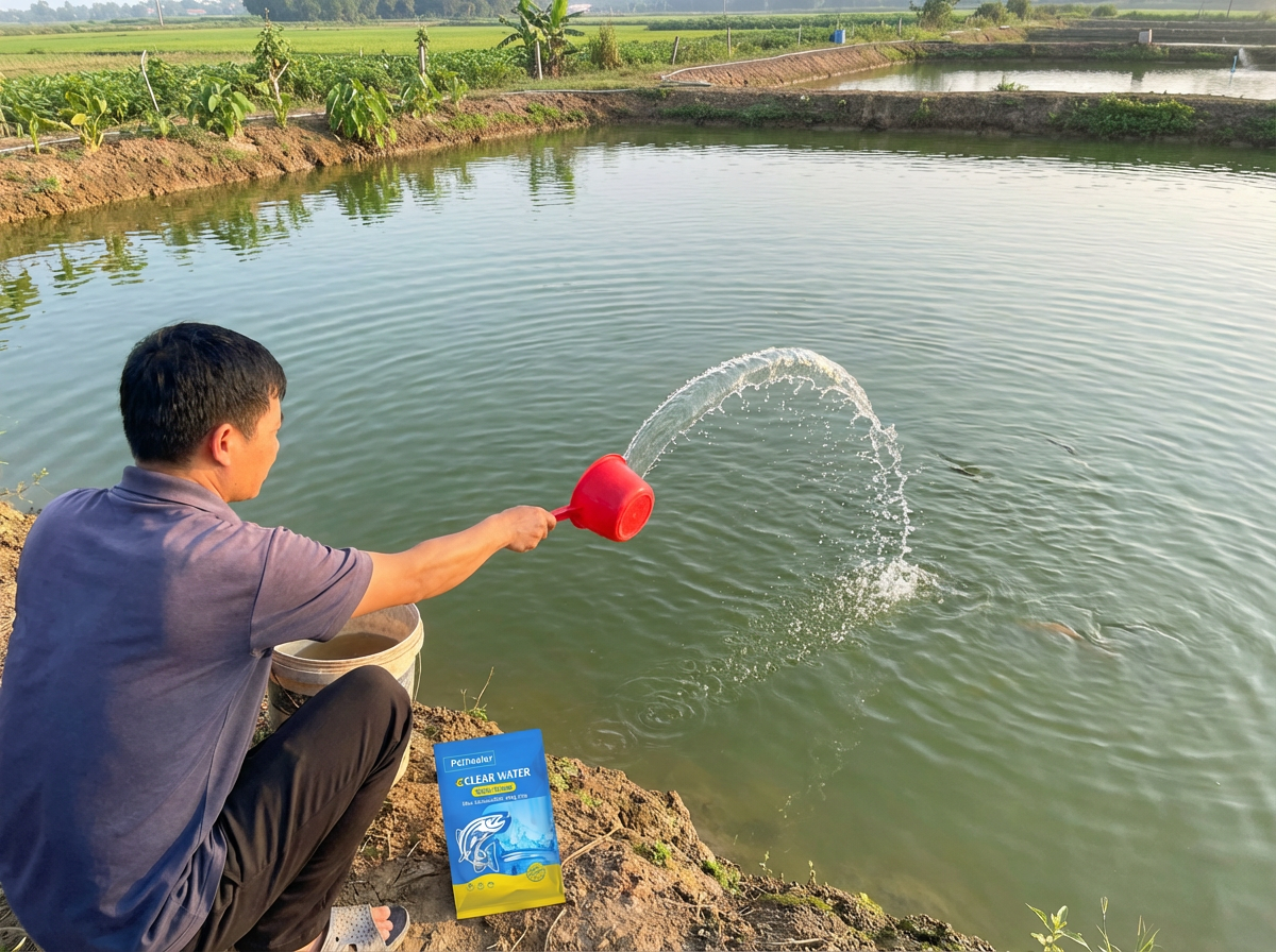 Man sitting by a pond throwing water with a red cup near fish visible in water