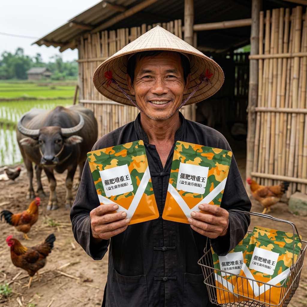 Farmer in traditional hat holding two bags of product with farm animals and bamboo hut in background