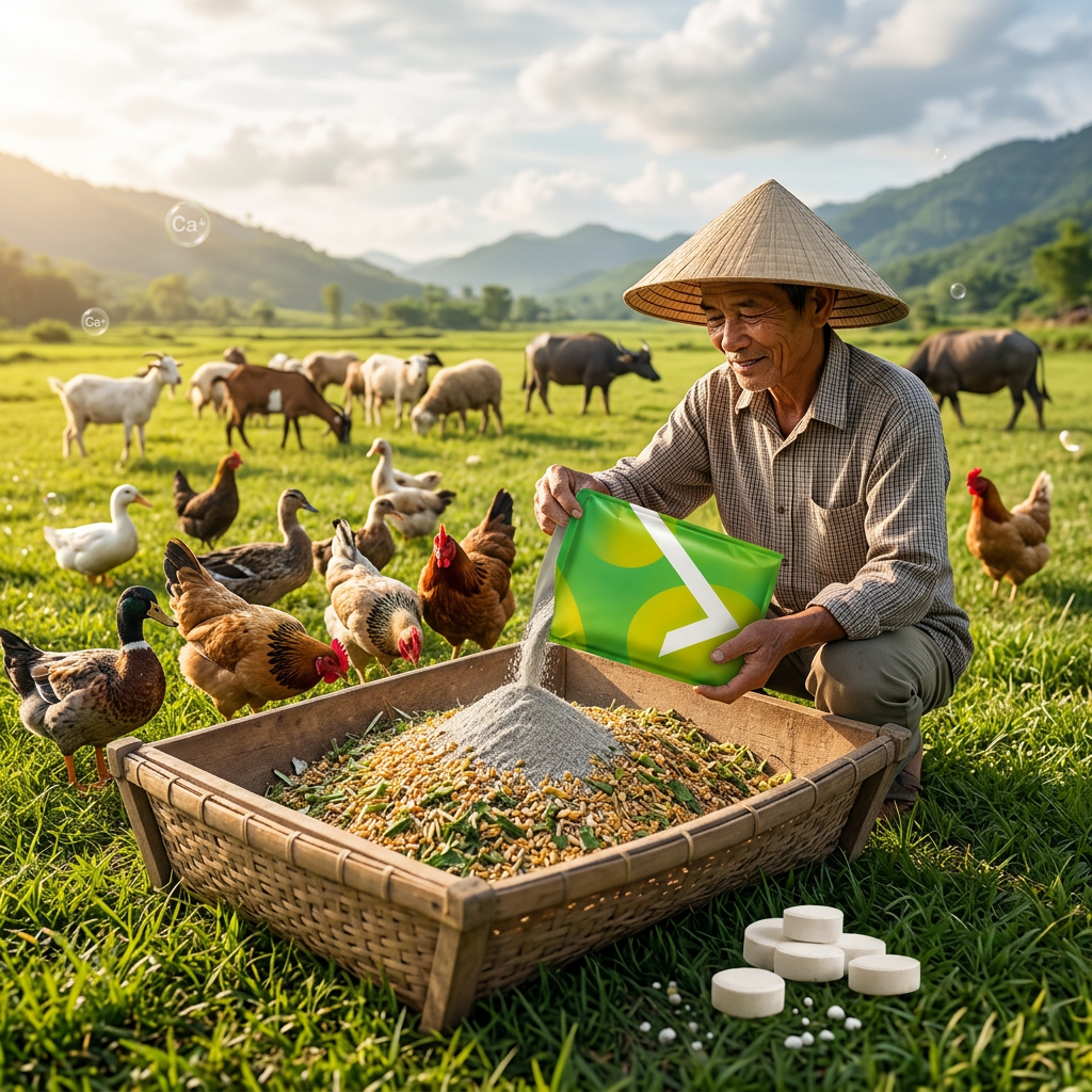 A farmer wearing a conical hat feeding chickens in a grassy field with mountains in background