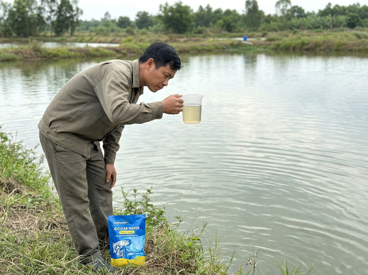 Man holding and inspecting a clear water sample near a pond with a bag labeled Pethealer Clear Water