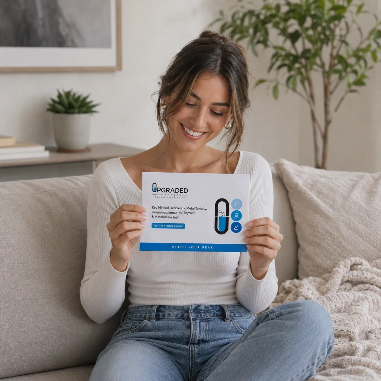 Woman with hair analysis test kit