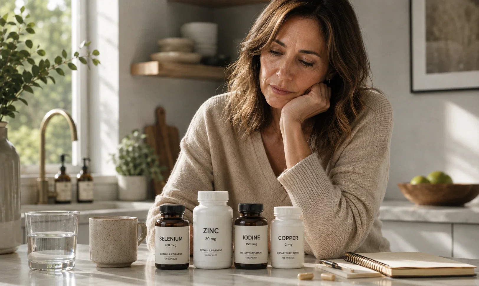 A woman looking at her supplement protocol laid out in front of her