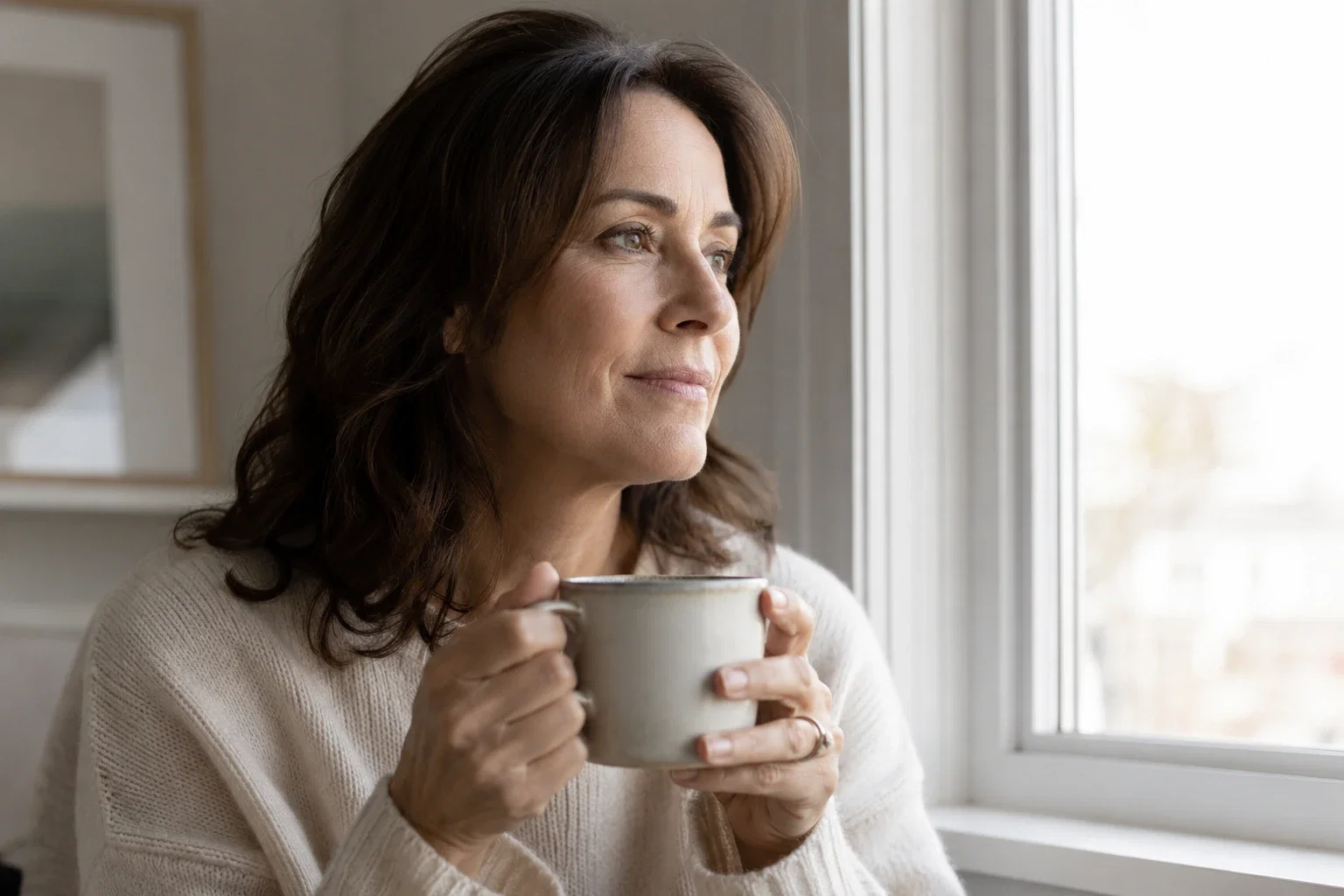 Sarah, 49, sitting by morning window holding coffee cup, contemplative expression