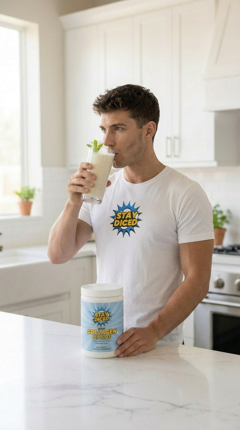 Man in white t-shirt drinking a collagen smoothie in a bright kitchen