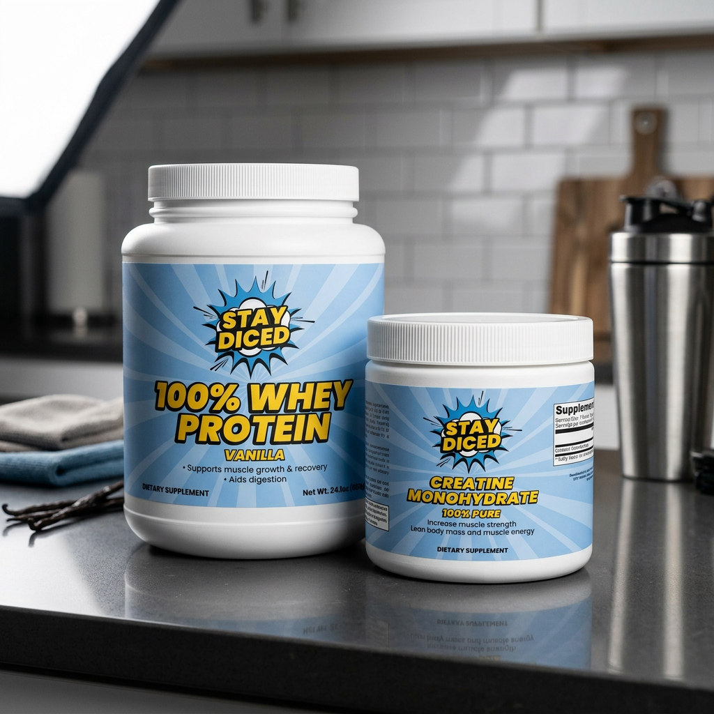 Containers of Stay Diced 100% Whey Protein and Creatine Monohydrate on a kitchen counter