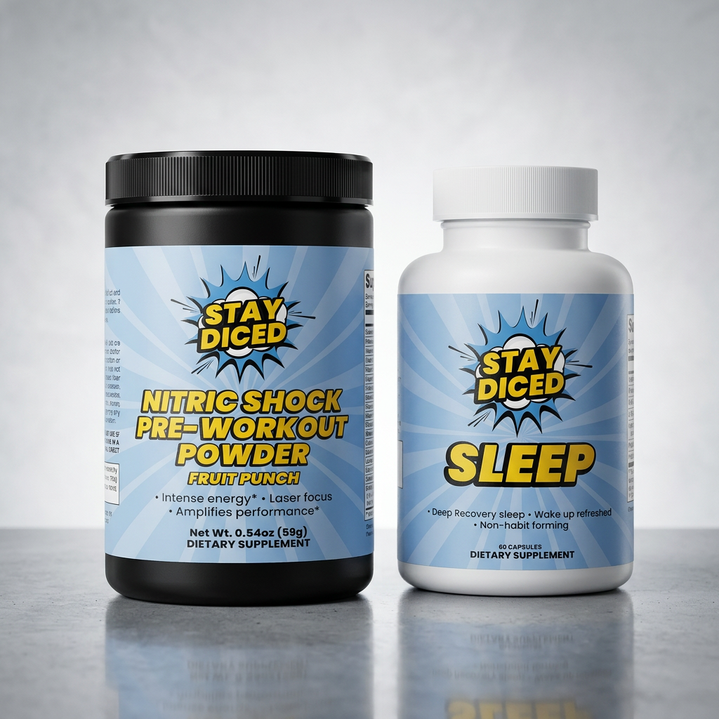 Two Stay Diced dietary supplements: Nitric Shock pre-workout powder and Sleep capsules