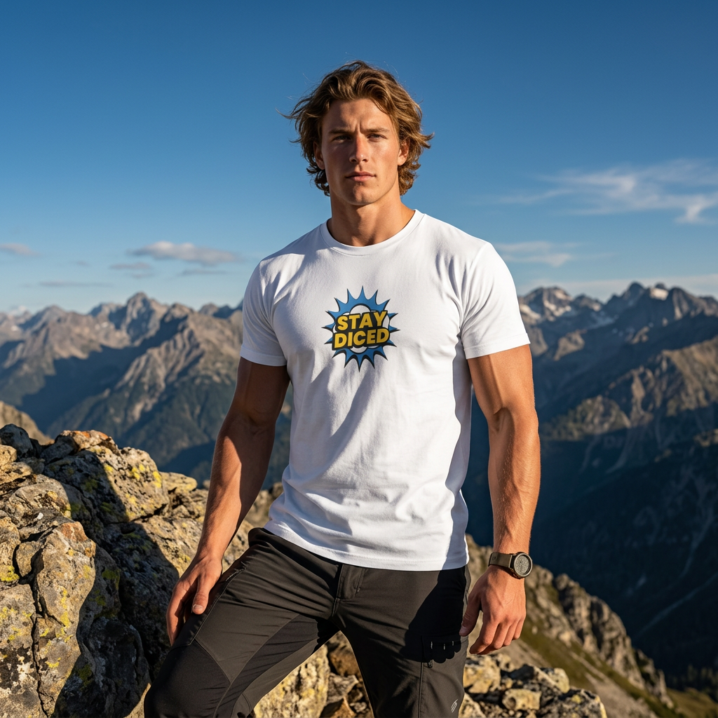 Young man in white Stay Diced shirt standing on rocky mountain with mountain range background