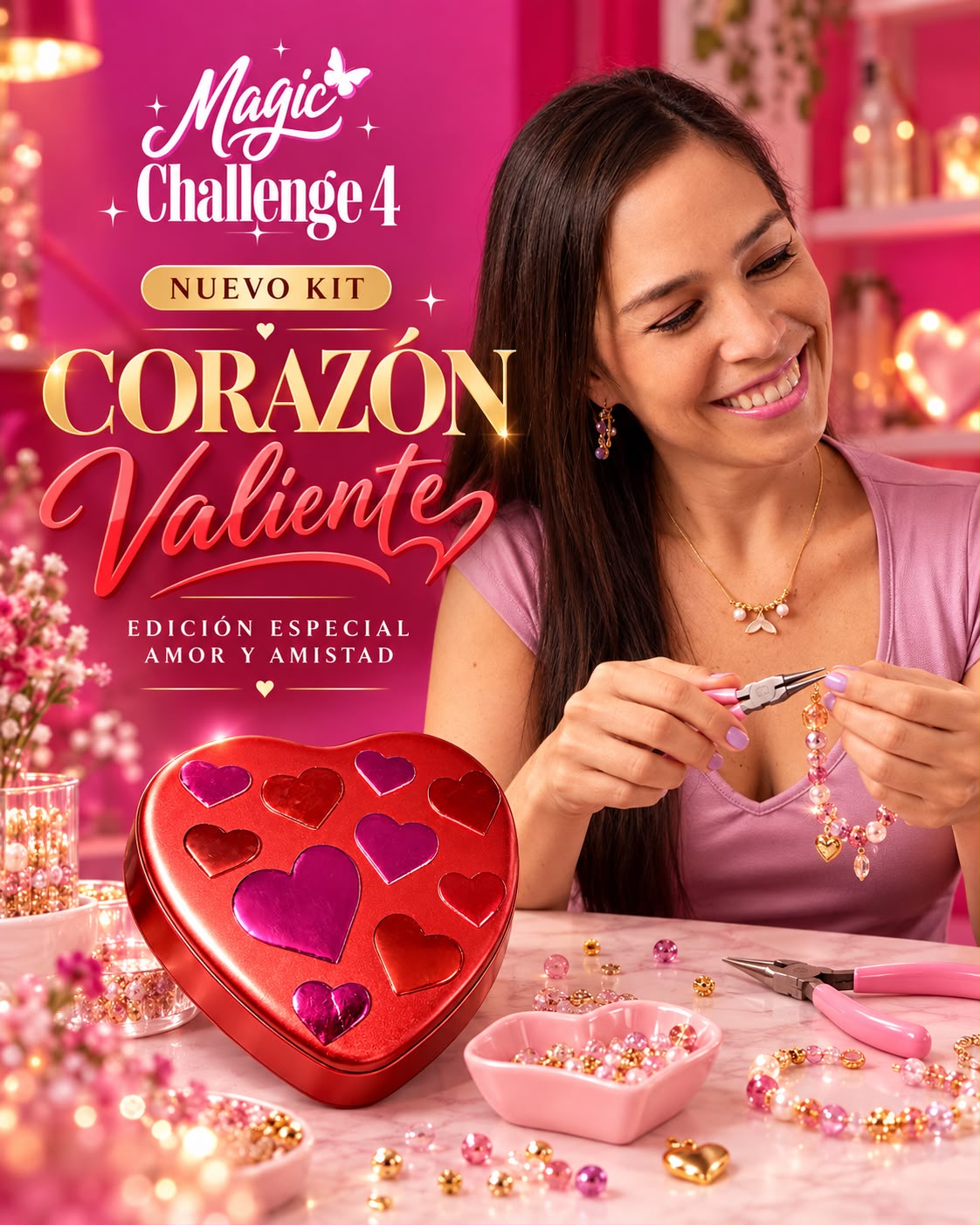 Nuevo Kit Corazón Valiente, edición especial Amor y Amistad del Magic Challenge 4: lata en forma de corazón junto a la instructora creando una pulsera