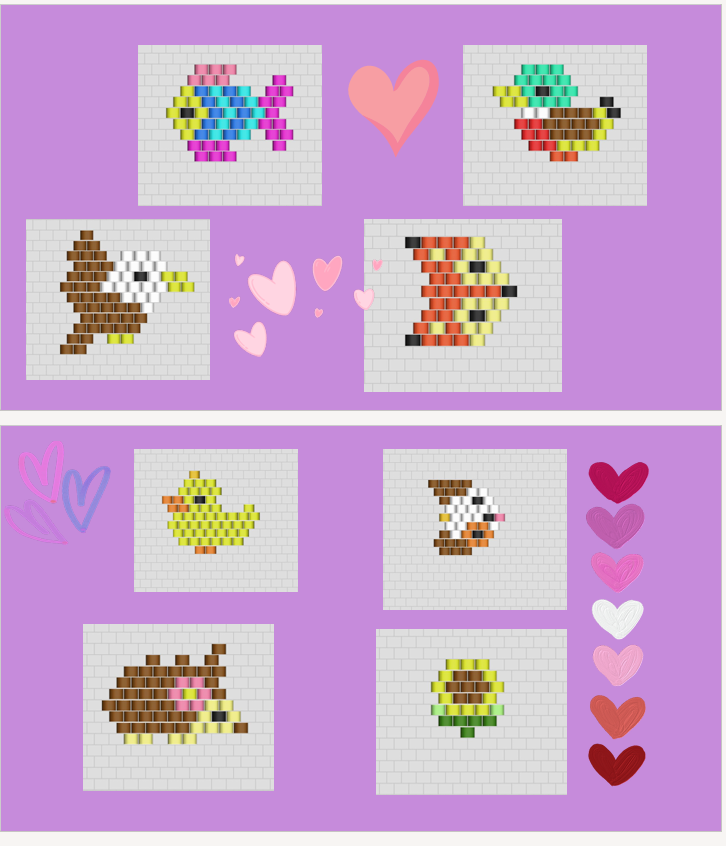 Catálogo de Charms: patrones de charms en mostacilla Miyuki con peces, pájaros, pollito, conejo y girasol sobre fondo lila
