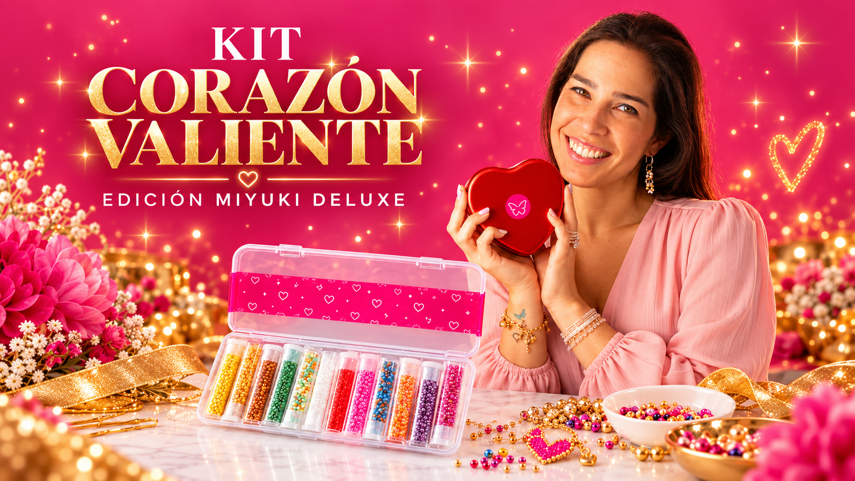 Kit Corazón Valiente, Edición Miyuki Deluxe: caja con 12 tubitos de mostacilla Miyuki sobre una mesa de mármol junto a la instructora de MPN Accesorios