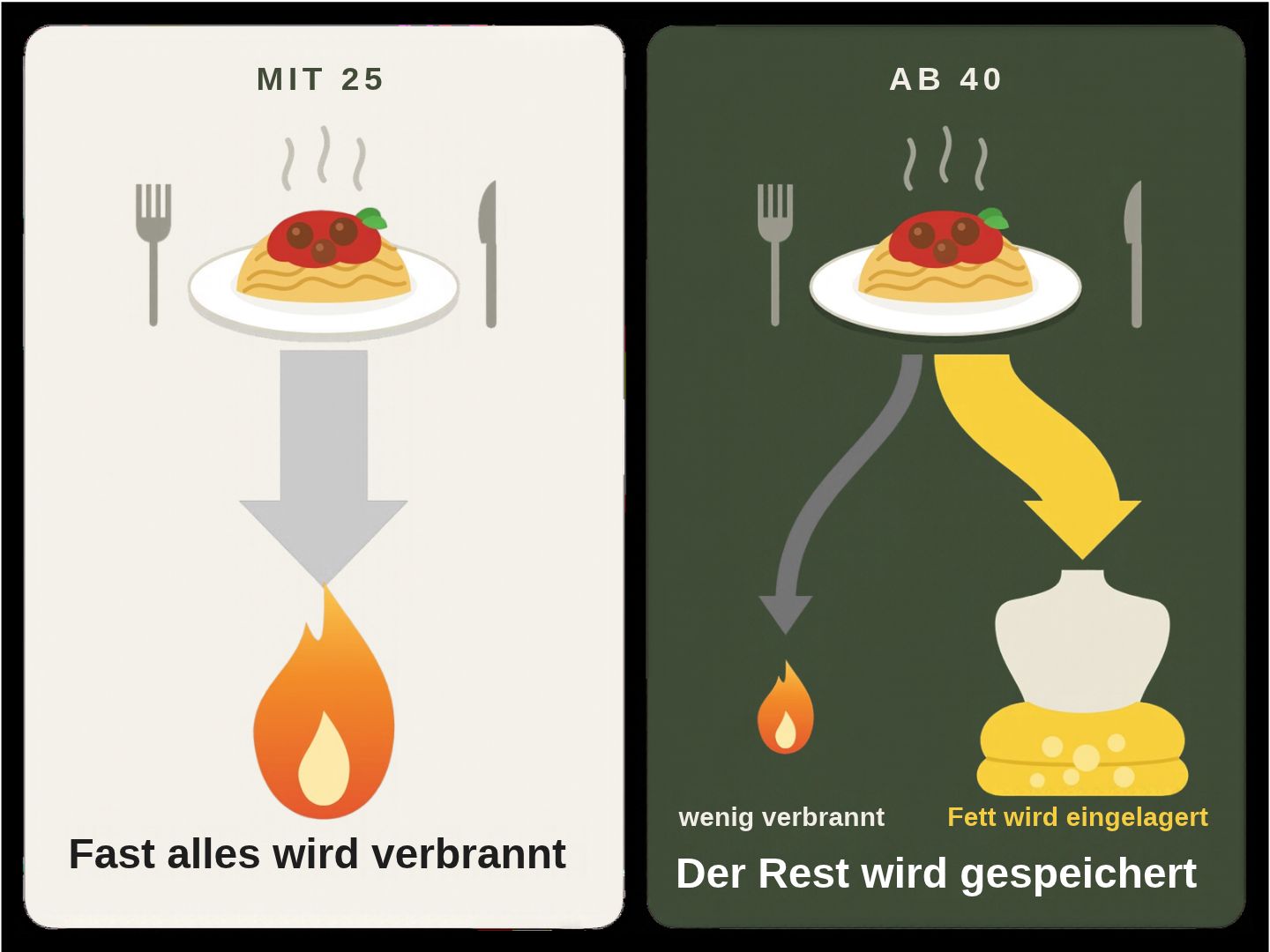 Infografik: Mit 30 wird fast alles verbrannt, was man isst. Ab 40 wird nur wenig verbrannt, der Rest wird als Fett gespeichert.