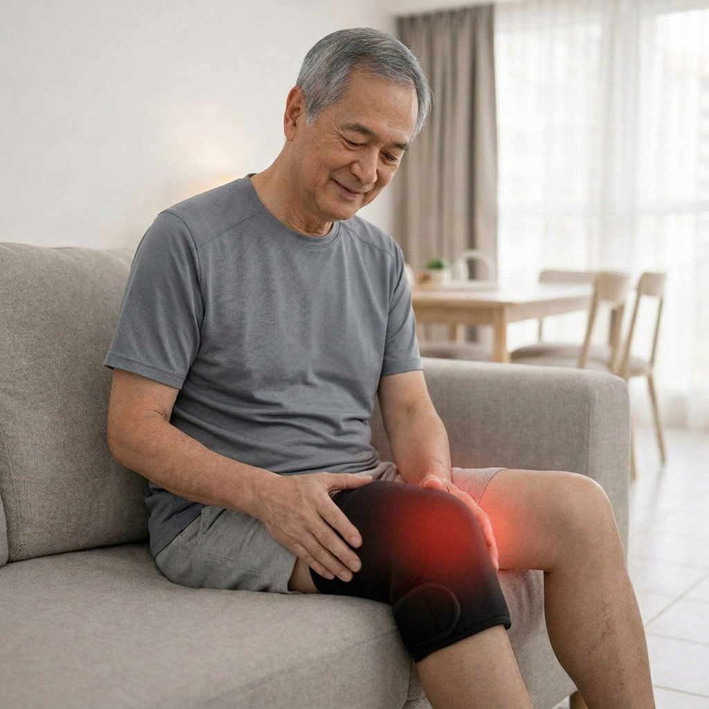 Elderly man sitting on sofa holding his knee with red pain area highlighted