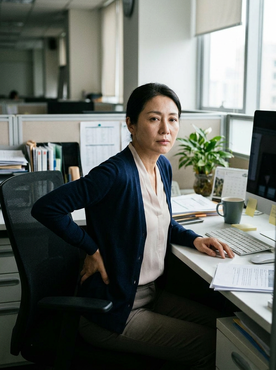 Woman sitting at office desk holding her lower back, looking uncomfortable